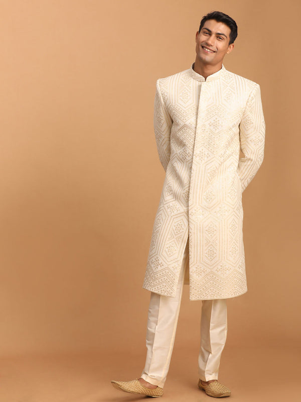 Jashvi Men's Cream Golden Sequins Embroidered Sherwani Set