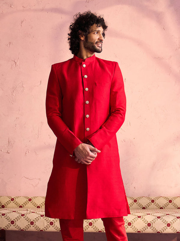 Jashvi Men's Red Silk Solid Sherwani Only Top