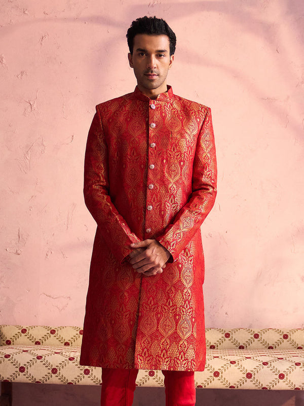 Jashvi Men's Red Jacquard Sherwani Only Top