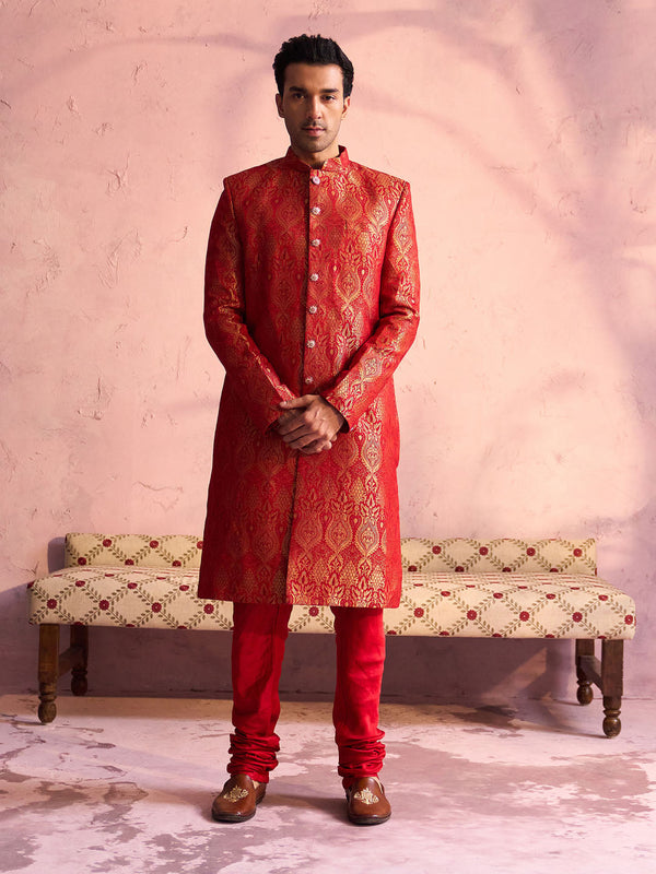 Jashvi Men's Red Jacquard Sherwani Set