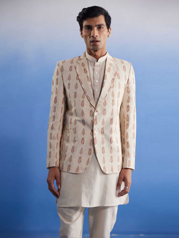 Jashvi Men's Cream Leaf Printed Blazer