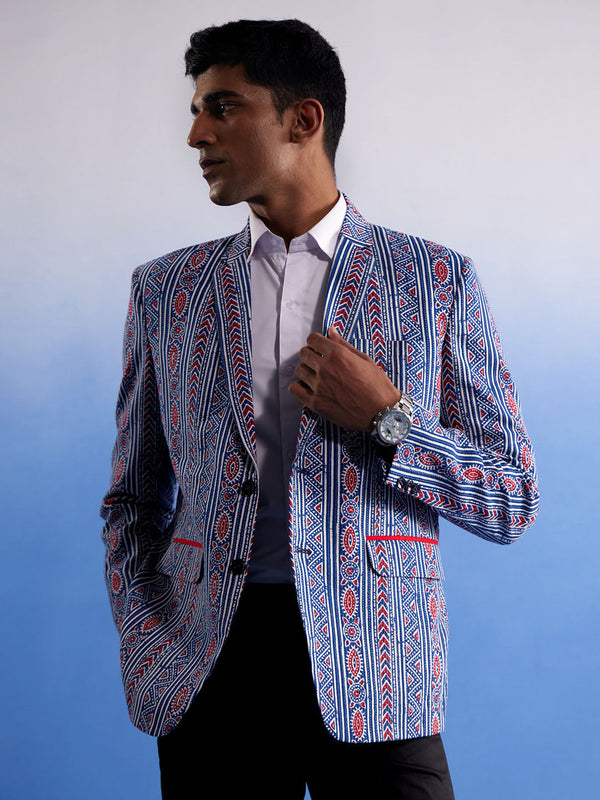 Jashvi Men's Aqua And Red Ethnic Printed Ctton Blazer