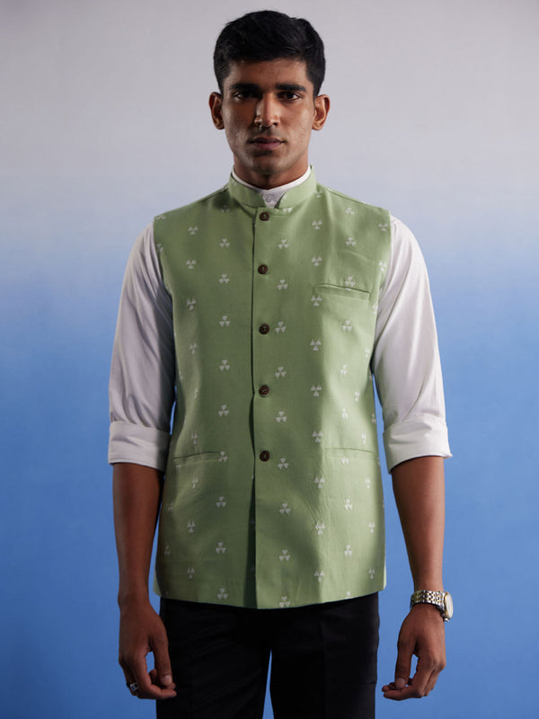 Jashvi Men's Green Jacquard Nehru Jacket