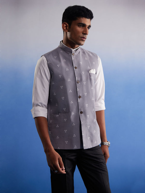 Jashvi Men's Grey Jacquard Nehru Jacket