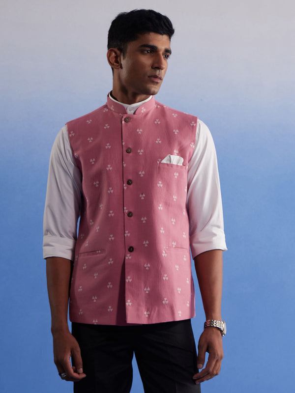 Jashvi Men's Pink Jacquard Nehru Jacket