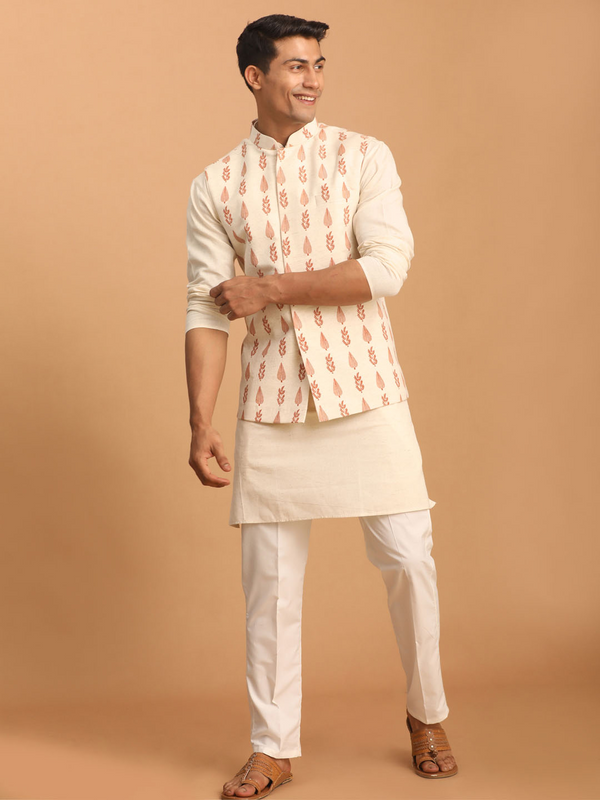 Jashvi Men's Cream Leaf Printed Pure Cotton Nehru Jacket With Short Kurta And Pant Set