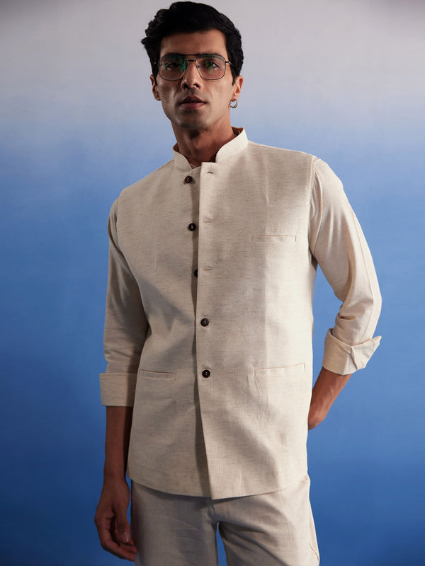 Jashvi Men's Cream Pure Cotton Nehru Jacket