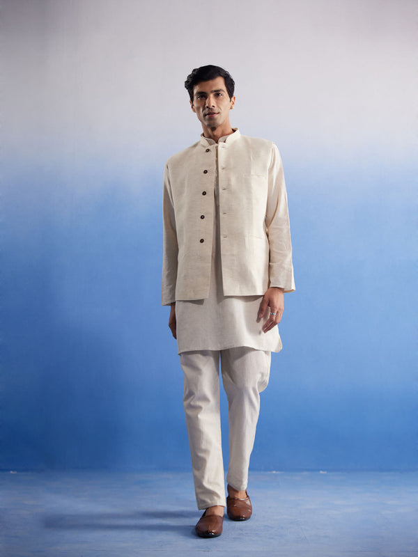 Jashvi Men's Cream Pure Cotton Nehru Jacket With Short Kurta And Pant Set