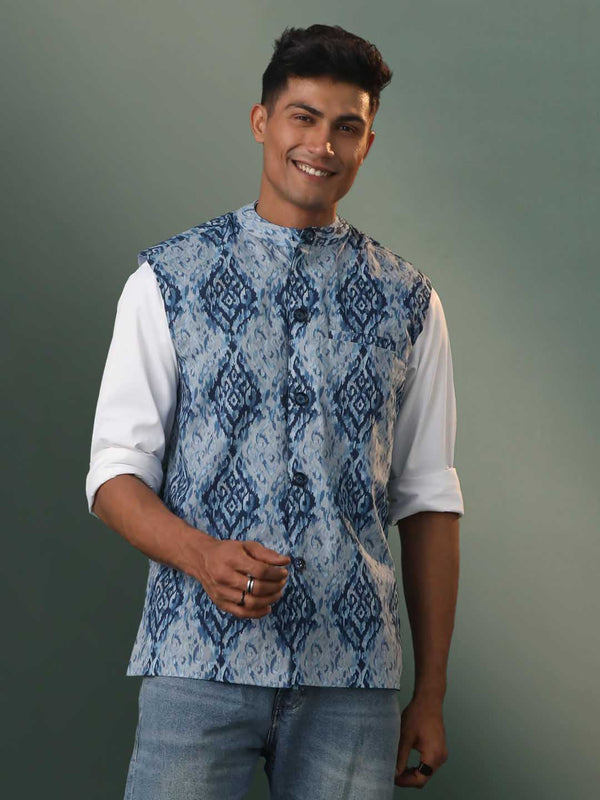 Jashvi Men's Blue Printed Nehru Jacket