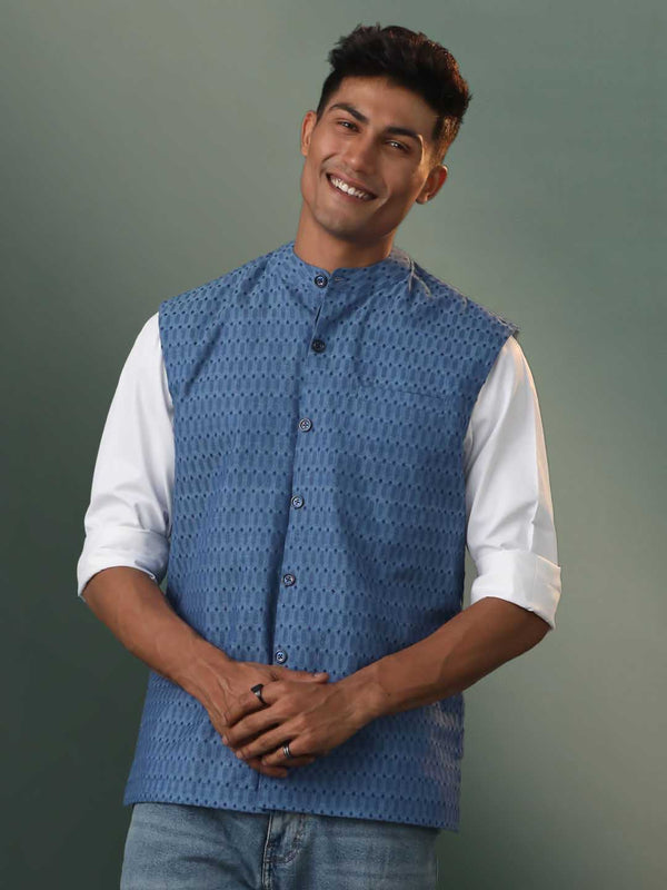 Jashvi Men's Blue Printed Nehru Jacket