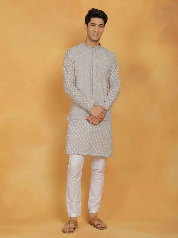 Jashvi Men's Gray And White Cotton Jacket, Kurta and Pyjama Set