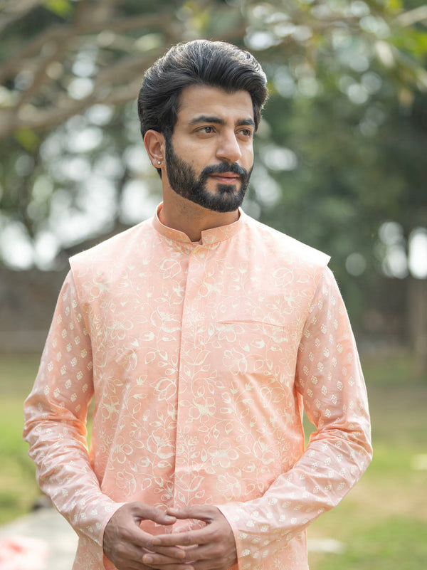 Jashvi Men's Peach Cotton Nehru Jacket