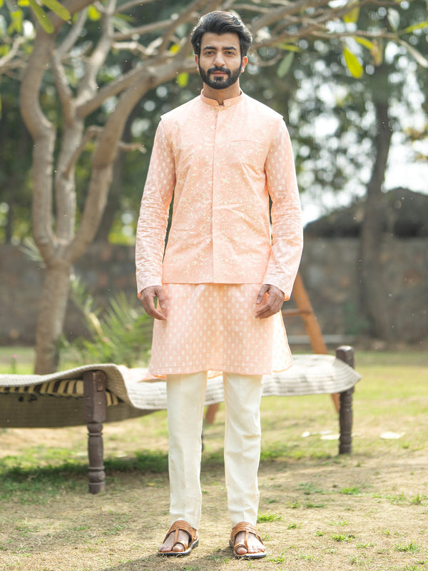 Jashvi Men's Peach And Cream Cotton Jacket, Kurta and Pyjama Set