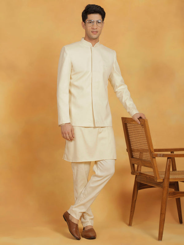 Jashvi Men's Cream Linen Cotton jodhpuri, Kurta and Pyjama Set