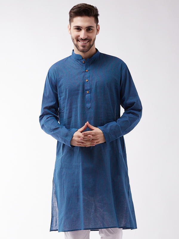 Jashvi Men's Blue Cotton Handloom Kurta