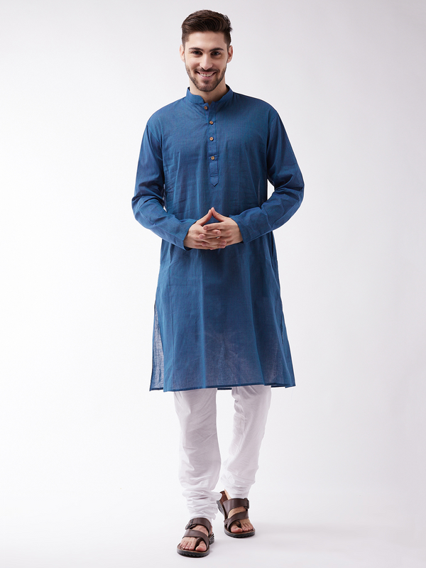 Jashvi Men's Blue Cotton Handloom Kurta With White Pyjama Set