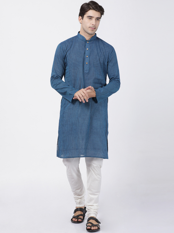 Jashvi Men's Blue Cotton Handloom Kurta With Pyjama Set