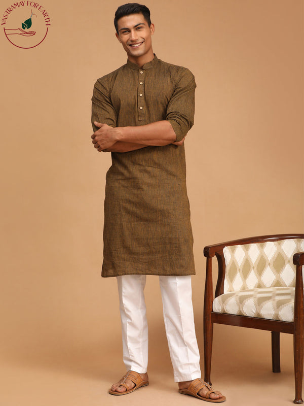 Jashvi Men's Coffee Cotton Handloom Kurta with White Pant Set