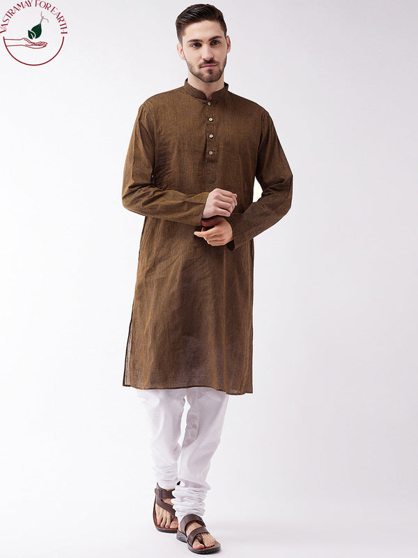 Jashvi Men's Coffee Cotton Handloom Kurta With Pyjama Set