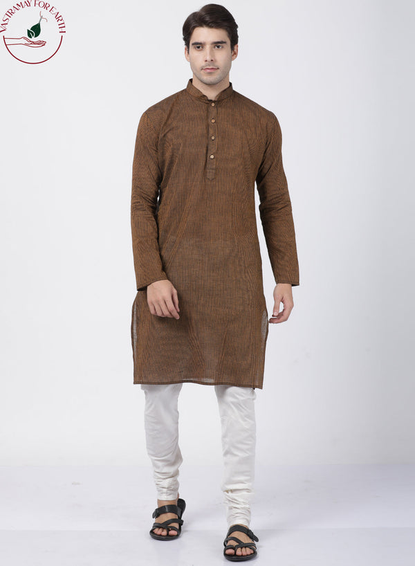 Jashvi Men's Coffee Cotton Handloom Kurta With Pyjama Set