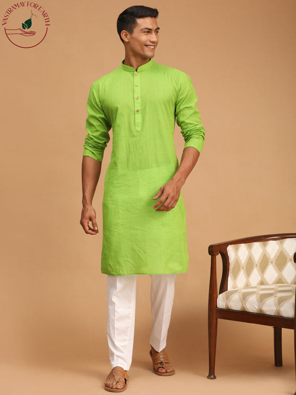 Jashvi Men's Green Cotton Handloom Kurta With White Pant Set