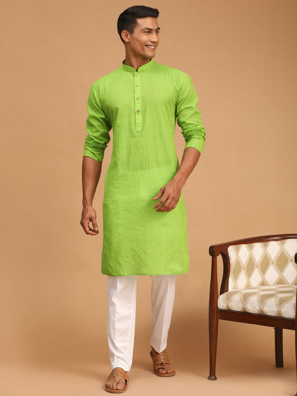 Jashvi Men's Green Cotton Handloom Kurta With White Pant Set