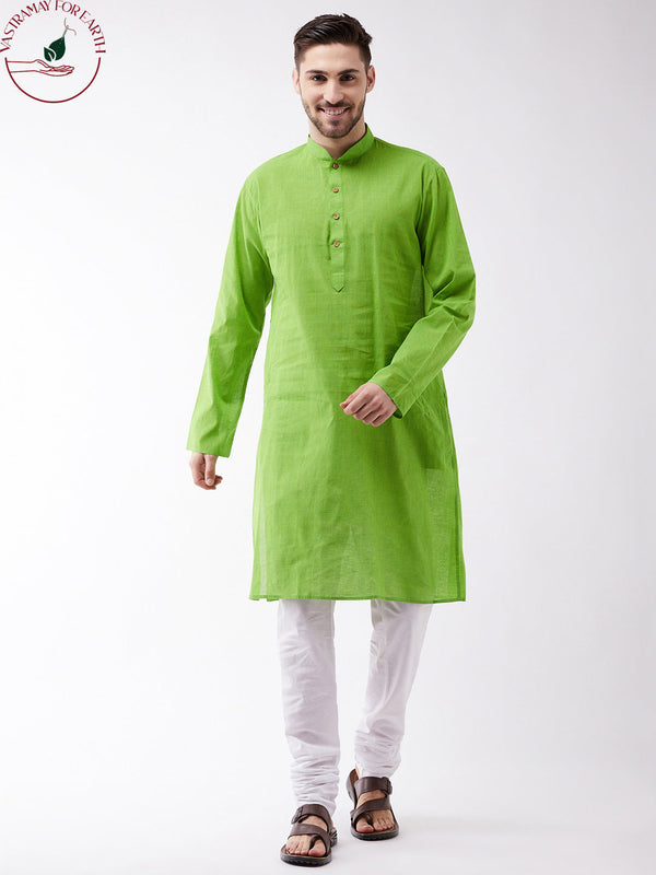 Jashvi Men's Green Cotton Handloom Kurta With Pyjama Set