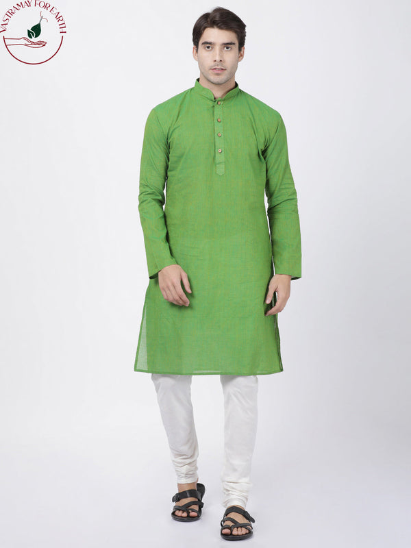 Jashvi Men's Green Cotton Handloom Kurta With Pyjama Set