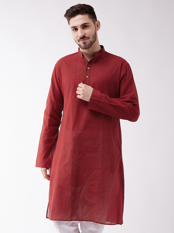 Jashvi Men's Maroon Cotton Handloom Kurta