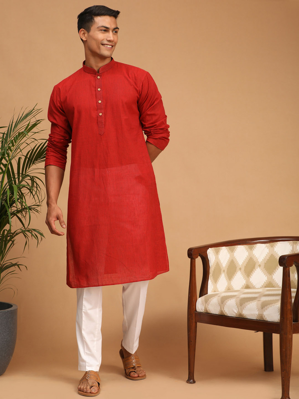 Jashvi Men's Maroon Cotton Handloom Kurta With White Pant Set