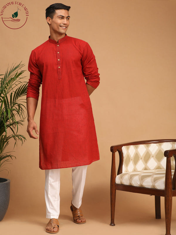 Jashvi Men's Maroon Cotton Handloom Kurta with White Cotton Pant Set