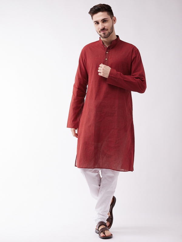 Jashvi Men's Maroon Cotton Handloom Kurta With Pyjama Set