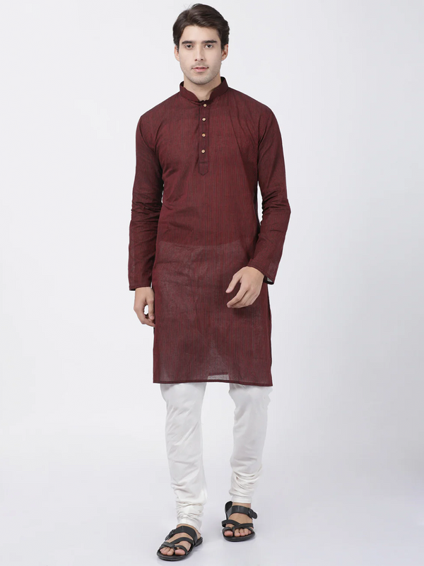 Jashvi Men's Maroon Cotton Handloom Kurta With Pyjama Set