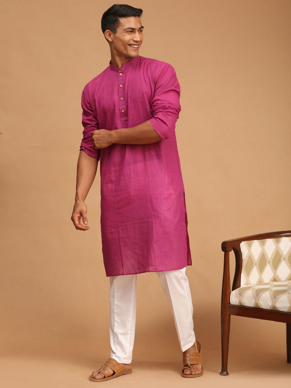 Jashvi Men's Purple Cotton Handloom Kurta With White Pant Set