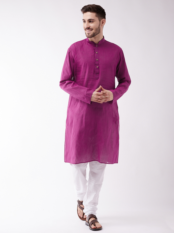 Jashvi Men's Purple Cotton Handloom Kurta With Pyjama Set