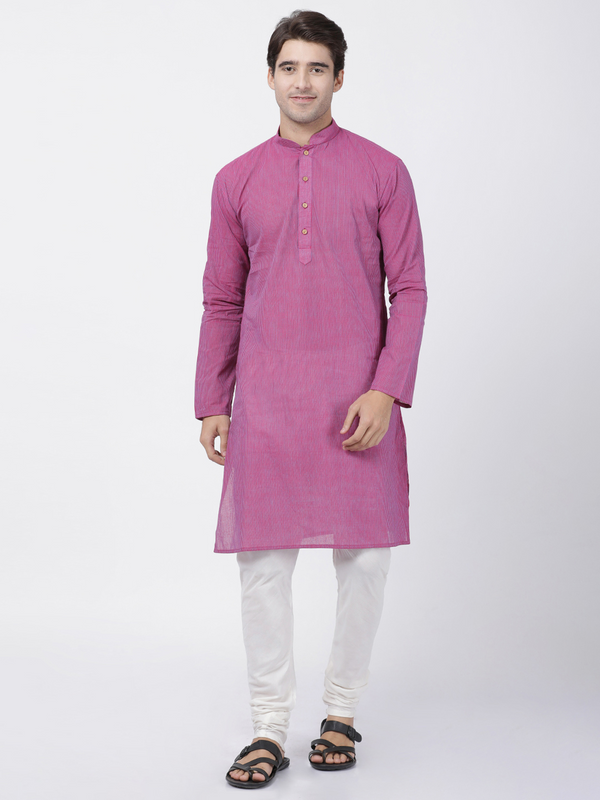 Jashvi Men's Purple Cotton Handloom Kurta With Pyjama Set