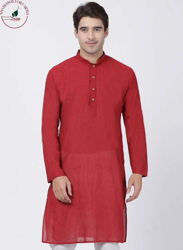 Jashvi Men's Red Cotton Handloom Kurta