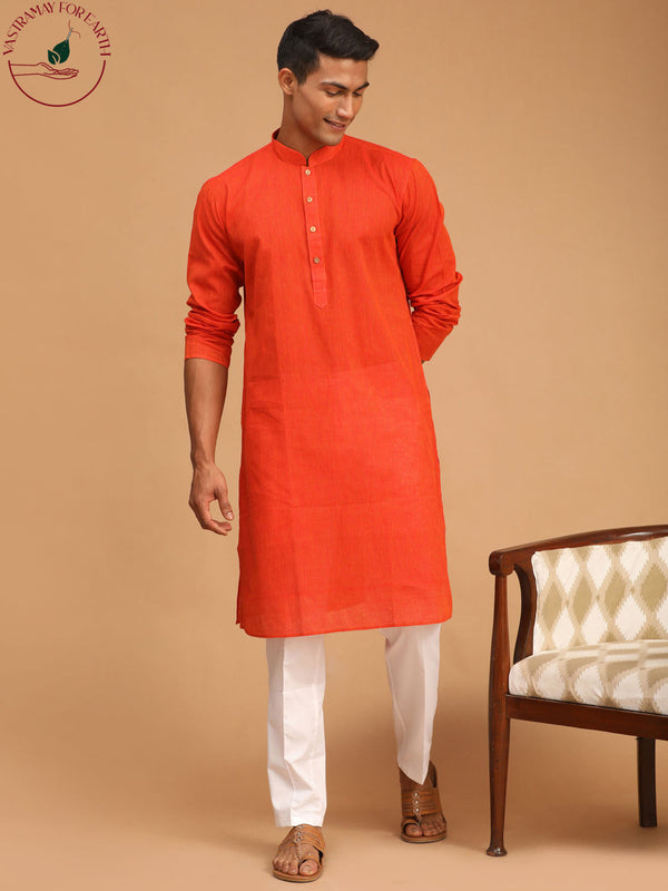 Jashvi Men's Red Cotton Handloom Kurta With White Pant Set