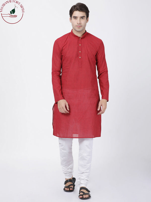 Jashvi Men's Red Cotton Handloom Kurta With Pyjamas Set