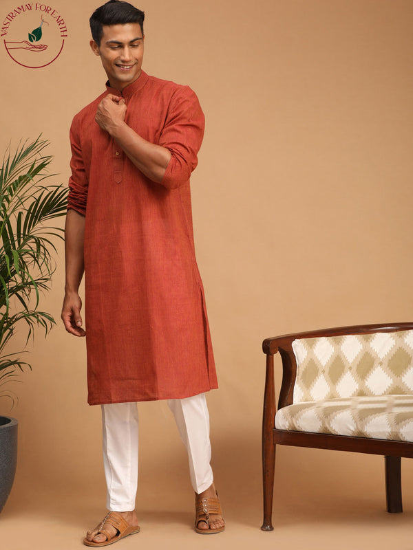 Jashvi Men's Rust Cotton Handloom Kurta With White Pant Set