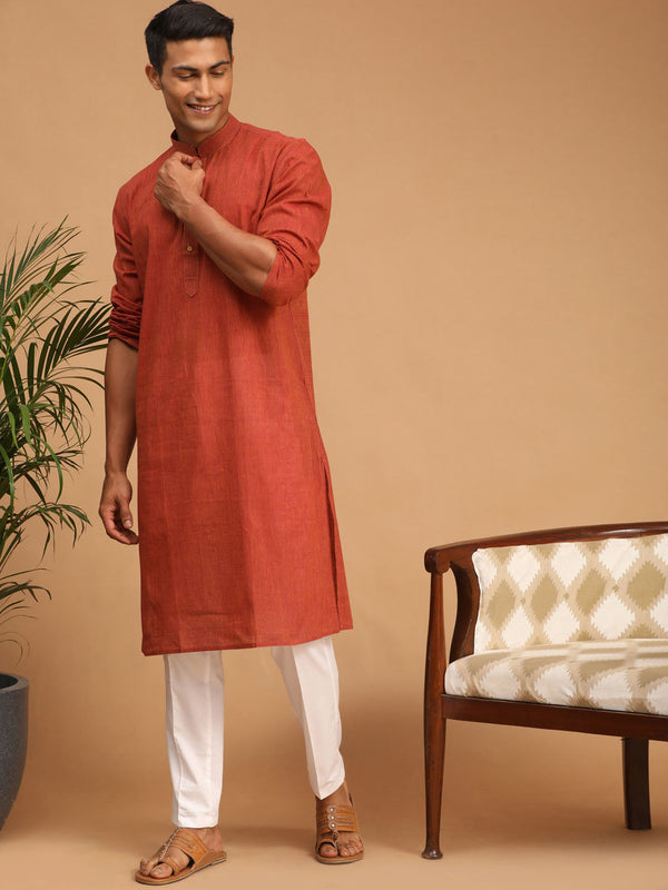 Jashvi Men's Rust Cotton Handloom Kurta With White Cotton Pant Set