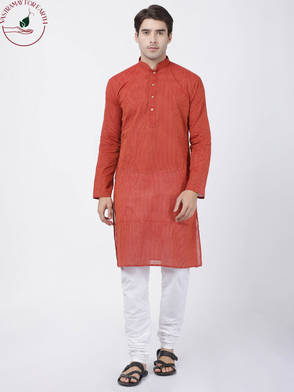 Jashvi Men's Rust Cotton Handloom Kurta With Pyjama Set