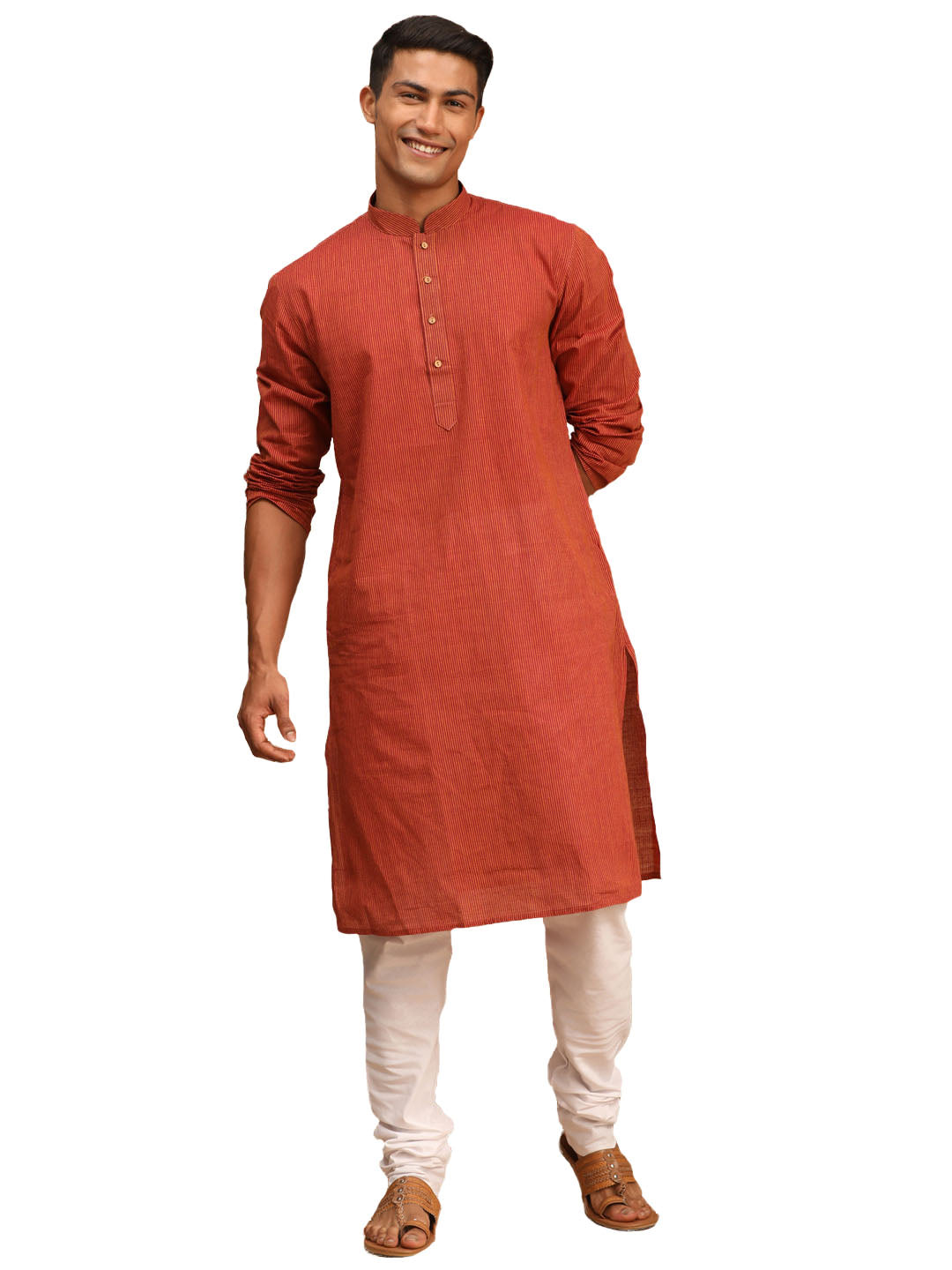 Men's Orange Pure Cotton Kurta Pyjama Set - Vastramay