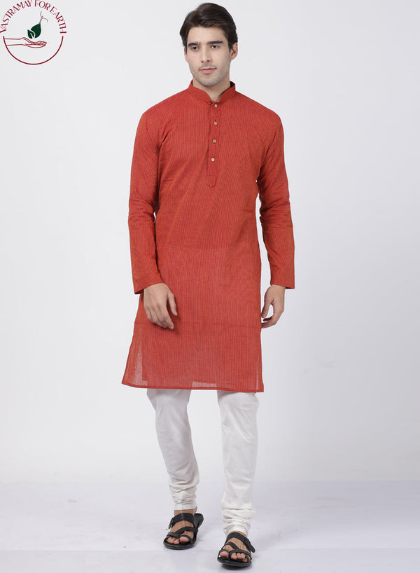 Jashvi Men's Rust Cotton Handloom Kurta With Pyjama Set