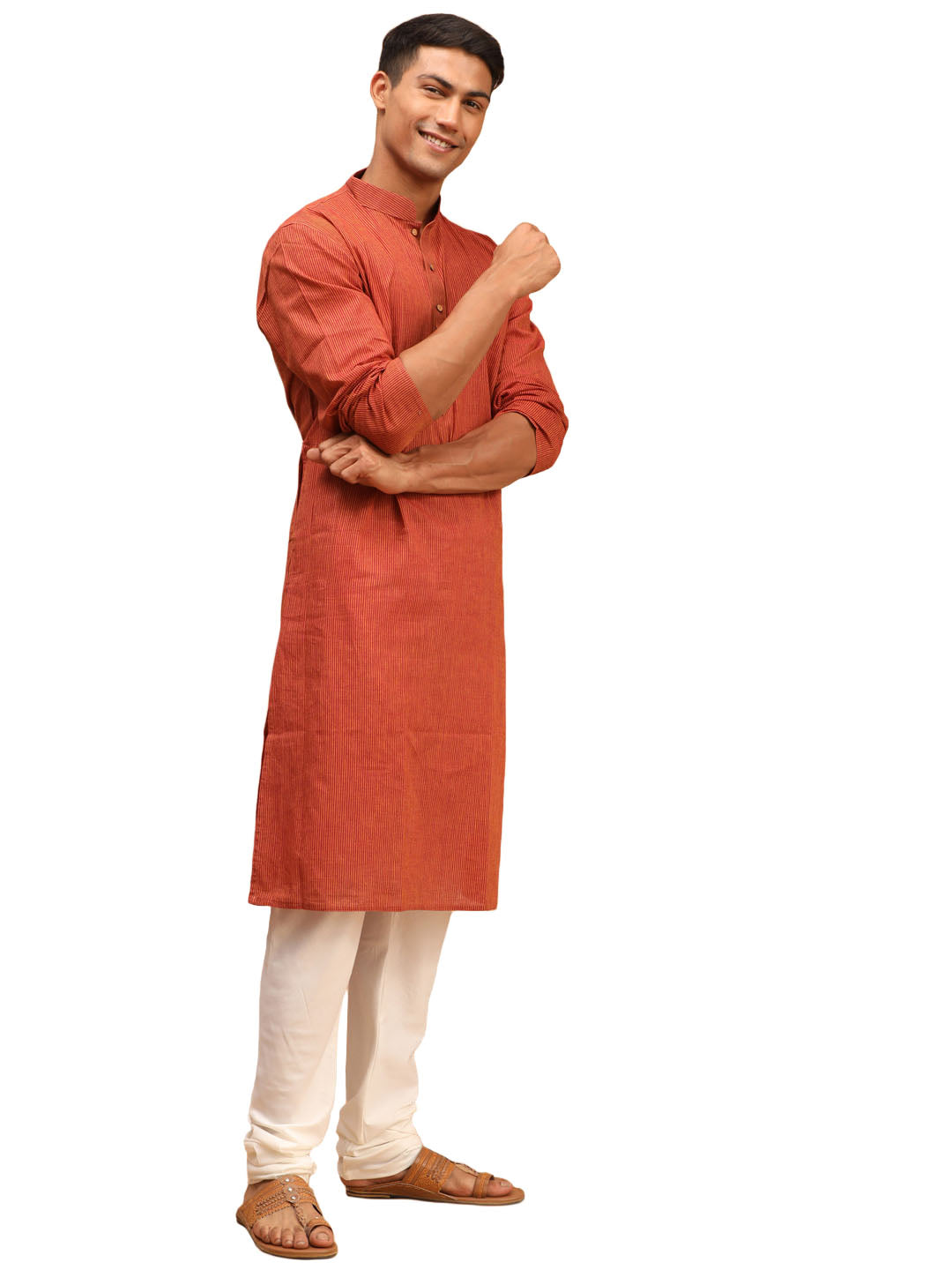 Men's Orange Pure Cotton Kurta Pyjama Set - Vastramay