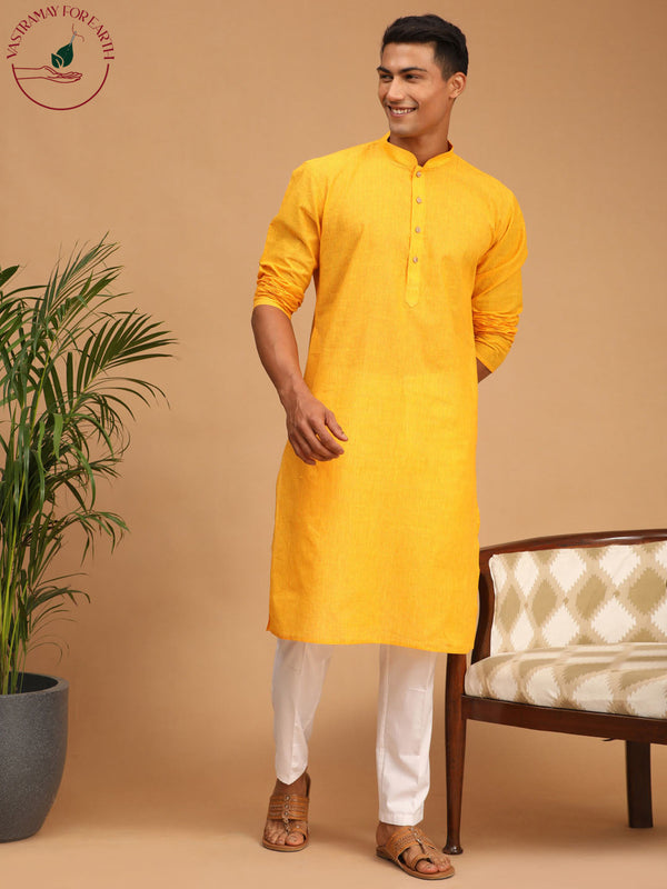 Jashvi Men's Yellow Cotton Handloom Kurta With White Pant Set