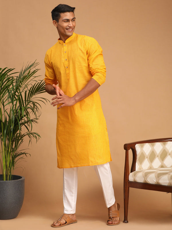 Jashvi Men's Yellow Cotton Handloom Kurta With White Pant Set