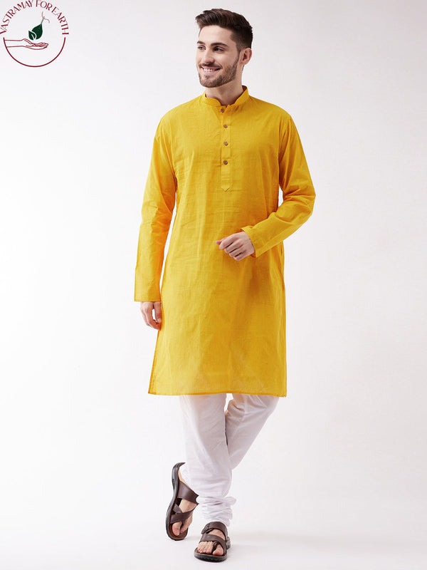 Jashvi Men's Yellow Cotton Handloom Kurta With Pyjama Set