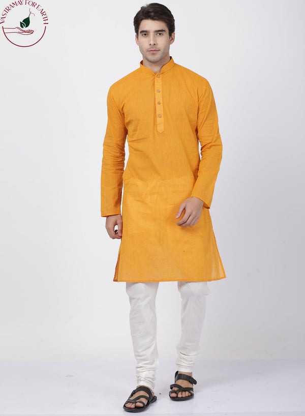 Jashvi Men's Yellow Cotton Handloom Kurta With Pyjama Set