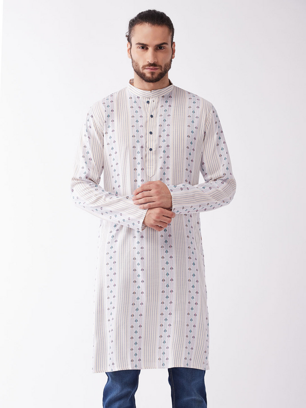 Jashvi Men's Off White & Blue Geometric Striped Kurta